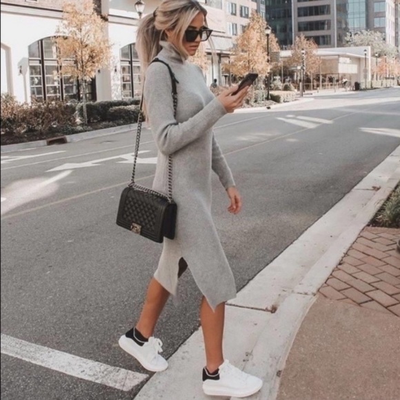 Lulus Dresses & Skirts - Lulus NWT Sheerah Turtleneck Heather Grey Midi Knit Sweater Dress